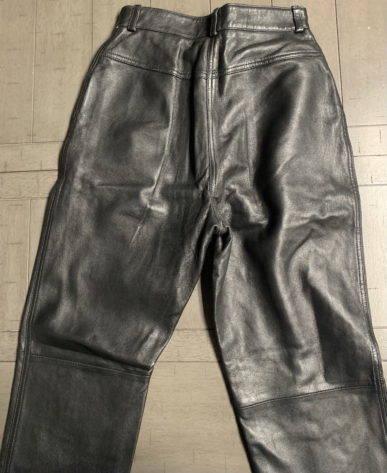 B1 Y2K CANDA C&A BLACK SOFT LEATHER PANTS SZ 4 RAW HEM BOOTCUT MOTORCYCLE 24×31”