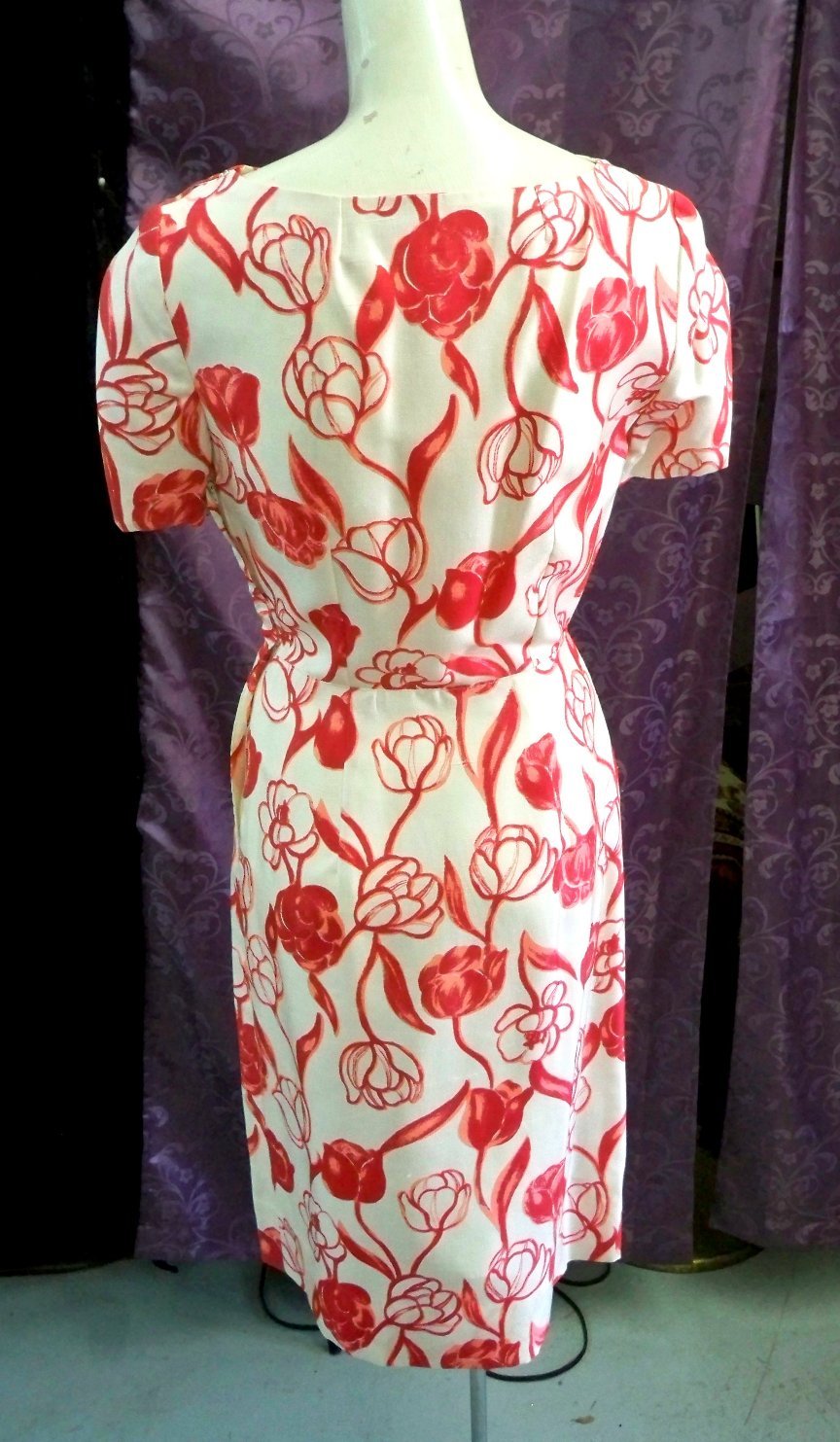 40s-60s Silk White w/ Pink Roses Dress w/ Deep Pink Coat