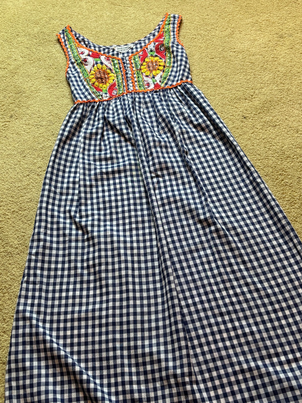 Vintage 70s Joseph Magnin Embroidered Gingham Maxi Dress Boho Hippy Sunflower XS