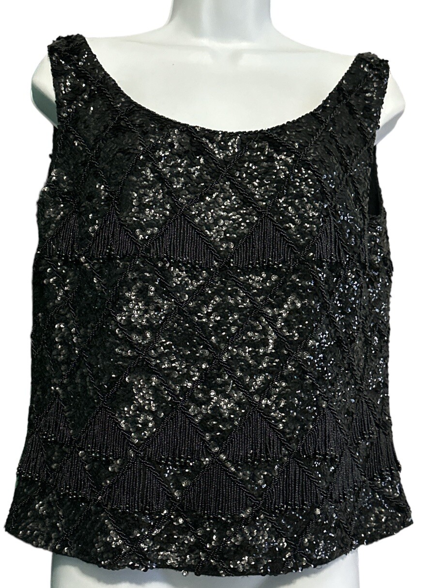 Vintage Jo-Ro Imports Women Size Large Black Sequined Top Wool Hand Loomed EUC