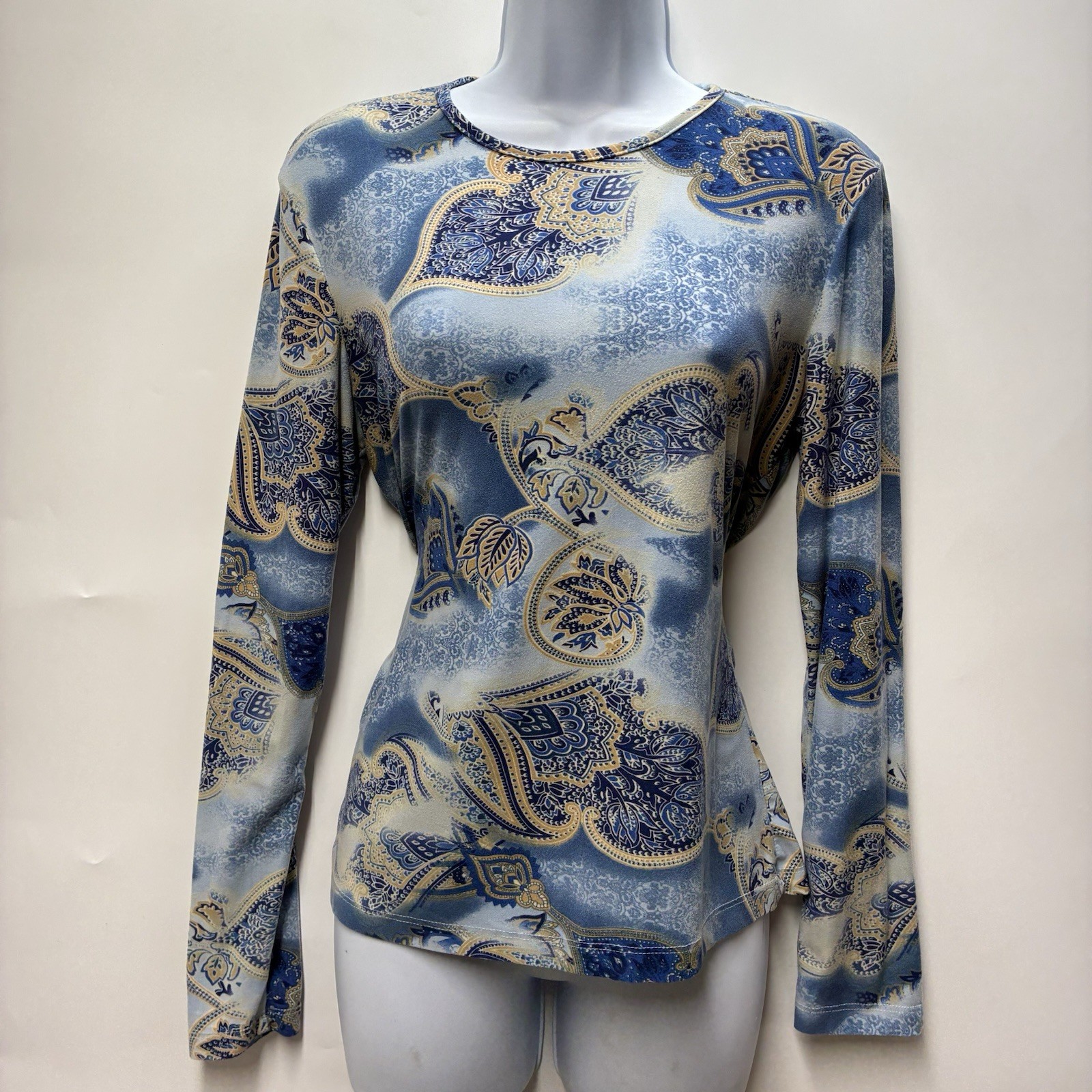 Vintage 90s Zn M Blue Yellow Paisley AOP Long Sleeve Shirt Fairy Whimsical Y2K