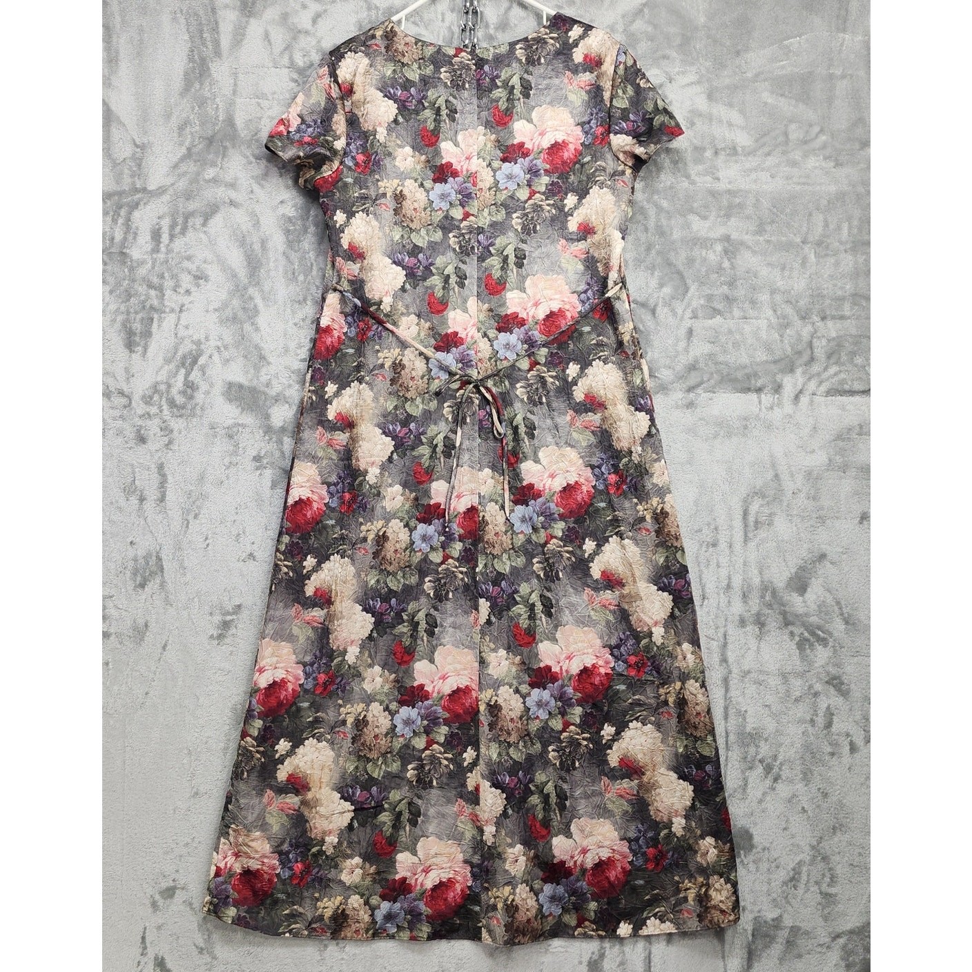Vintage 90s Molly Malloy Dress Womens 14 Gray Pink Floral Short Sleeve Tie Maxi