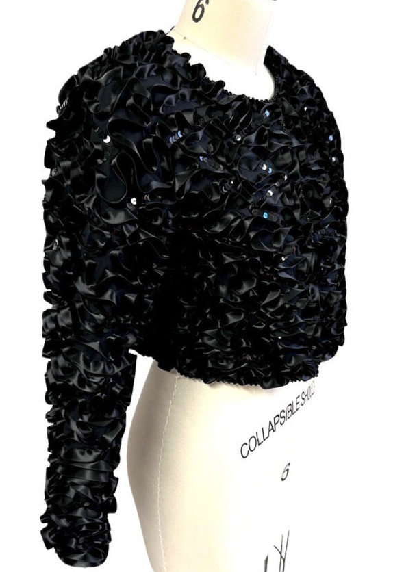 JK Laing VTG 1980s Retro Glam Black Silk Ribbon Sequin Bolero Jacket I. Magnin S