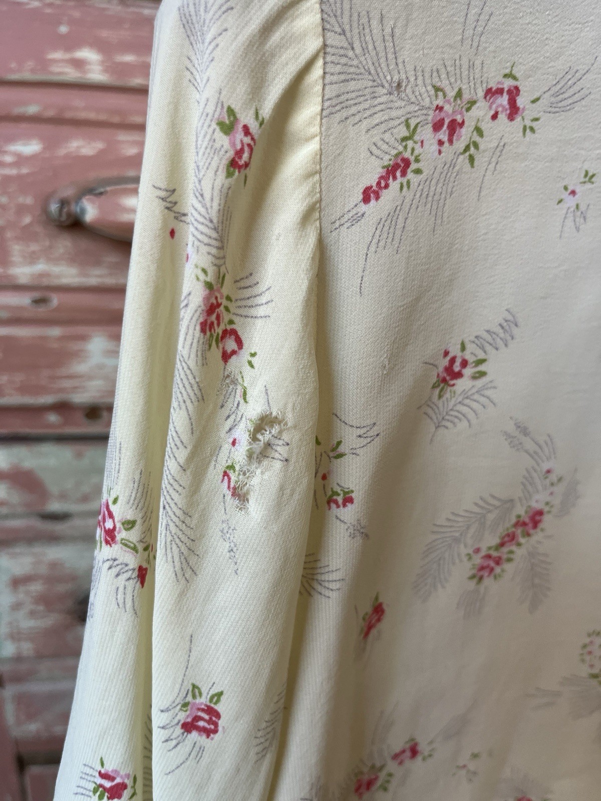 40s 50s Antique Vintage Rayon Floral Cottagecore House Jacket Ruffle Blouse S/M