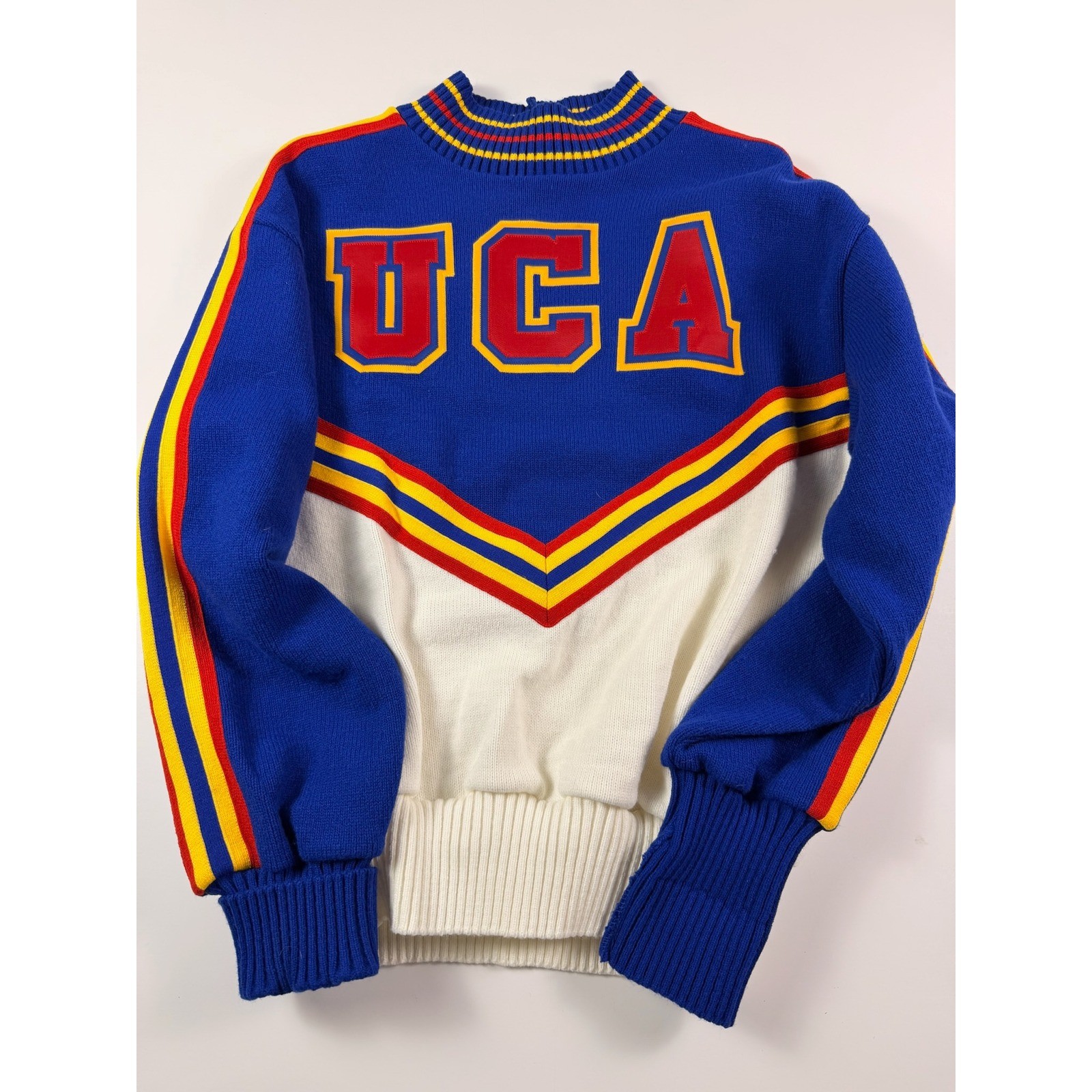 Vintage Varsity Spirit UCA Cheerleader Sweater Blue White Red Halloween Preppy