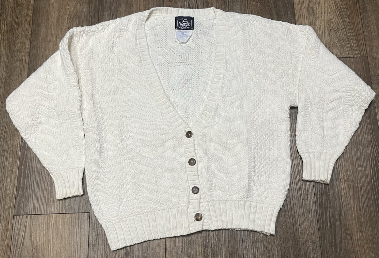 VTG The Woolrich Woman Cardigan Sweater M White Chunky Cable Knit USA Made
