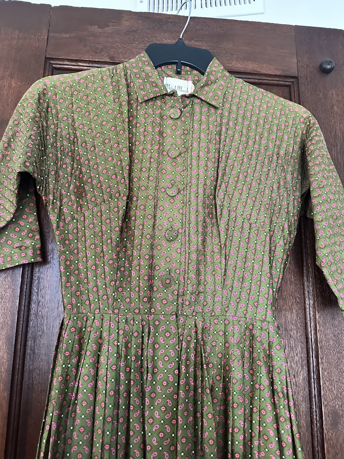 Wendy Woods Green Paisley Pleated Vintage Dress