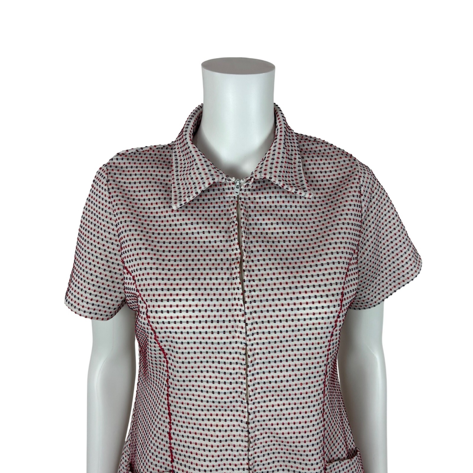 Vintage 70s Waitress Top Women’s Large Dotted Red Blue Textured Hip Pockets Zip