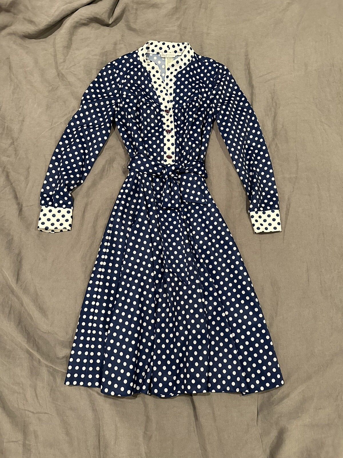VINTAGE HOVLAND SWASON POLKA DOT TIE WAIST DRESS 1960s Housewife Navy/white