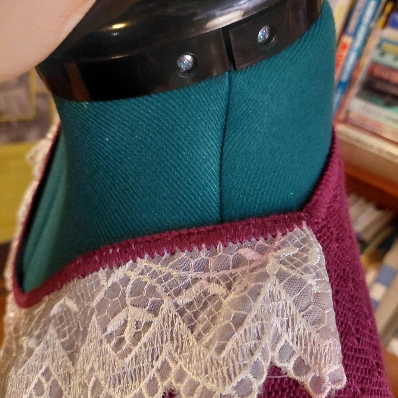Vintage short sleeve reddish purple sweater with lace collar detail.