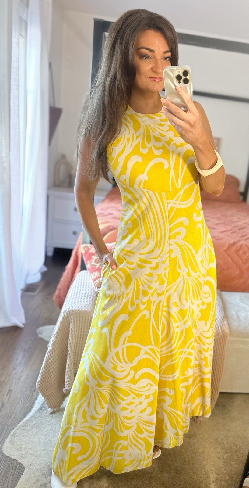 Geoffrey Beene Boutique 1970’s Yellow Maxi Dress Open Bow Back Pockets