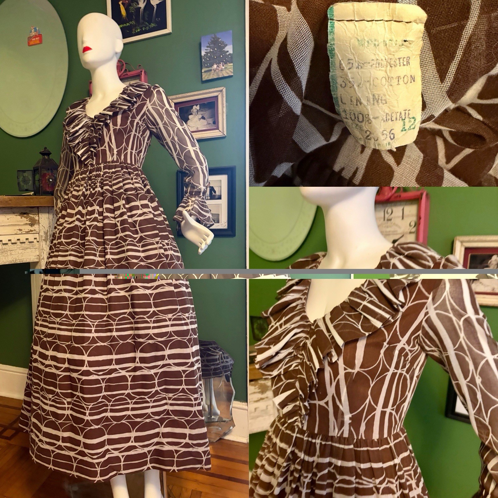 Vtg 70s Brown Circles Graphic Mod Maxi Ruffles Fall Dress 36 28