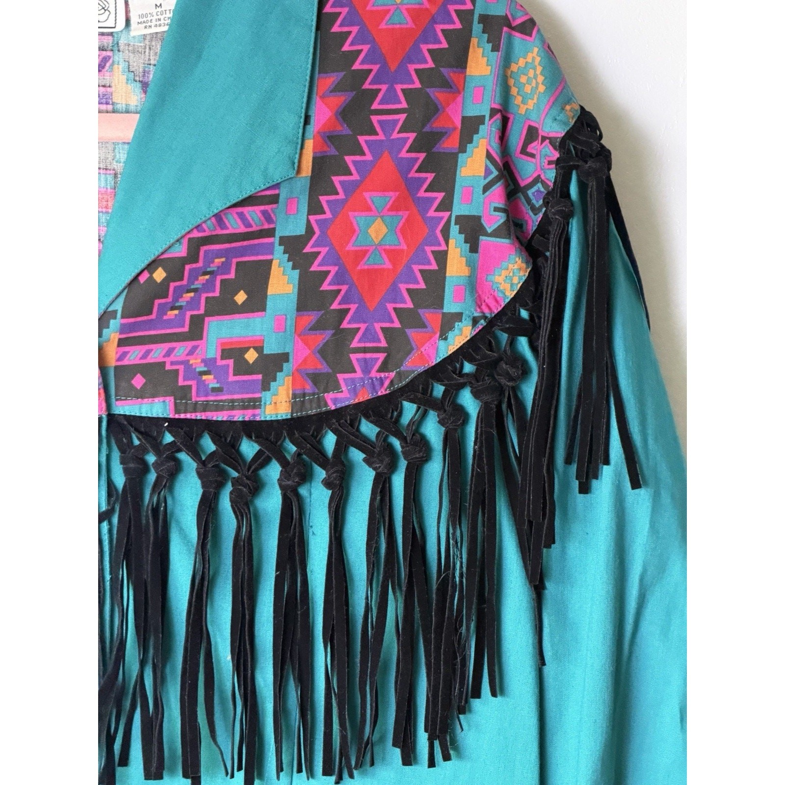 VTG Adobe 1993 Aztec Cotton Western Southwest Fringe Cropped Shirt Medium