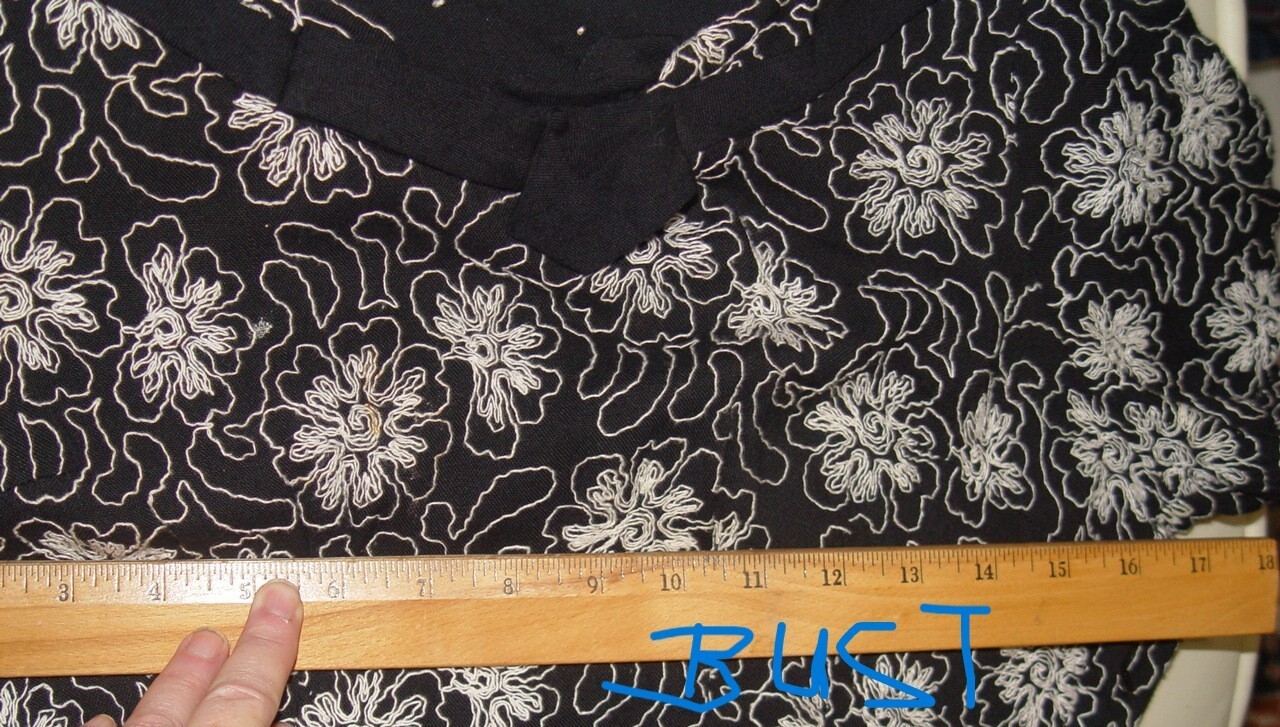 Vintage Tea / Midi Dress Black w/All Over White Floral Embroidery Gorgeous