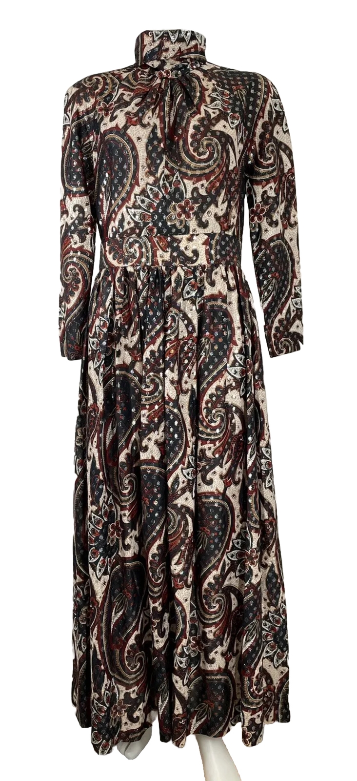 Vintage 1970s Hostess Dress Paisley Metallic Long Maxi 100 Parkhouse SZ M