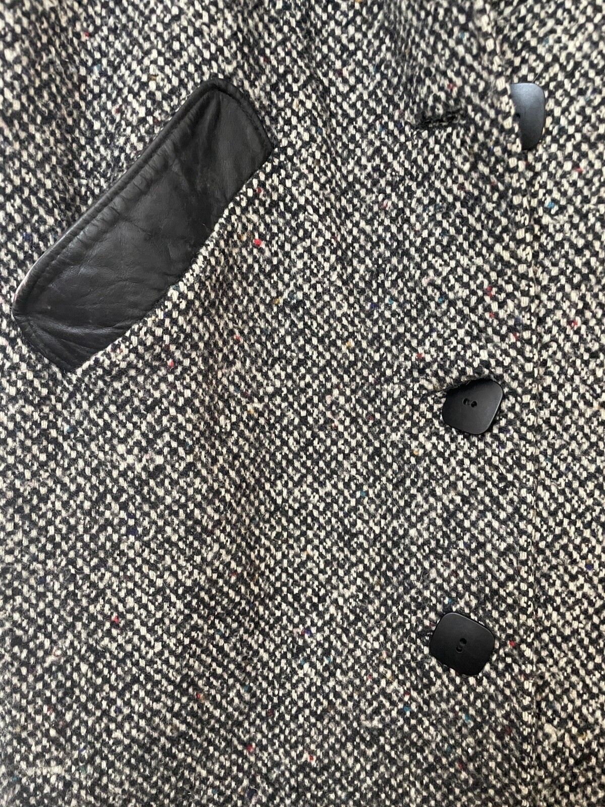 Vtg 80s DONNYBROOK Black White Tweed Long Coat w/Leather Accents Women Sz 12