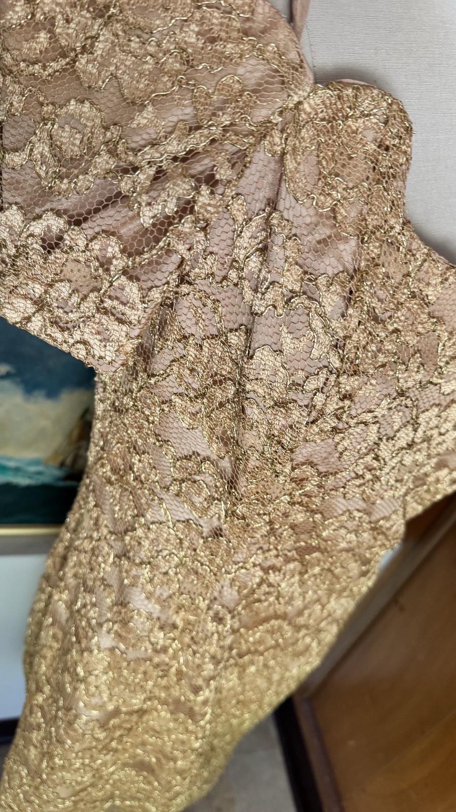 VTG 80’s 90’s Karen Lucas for Niki Gold Lace off shoulder dress Sz M 8 prom coct