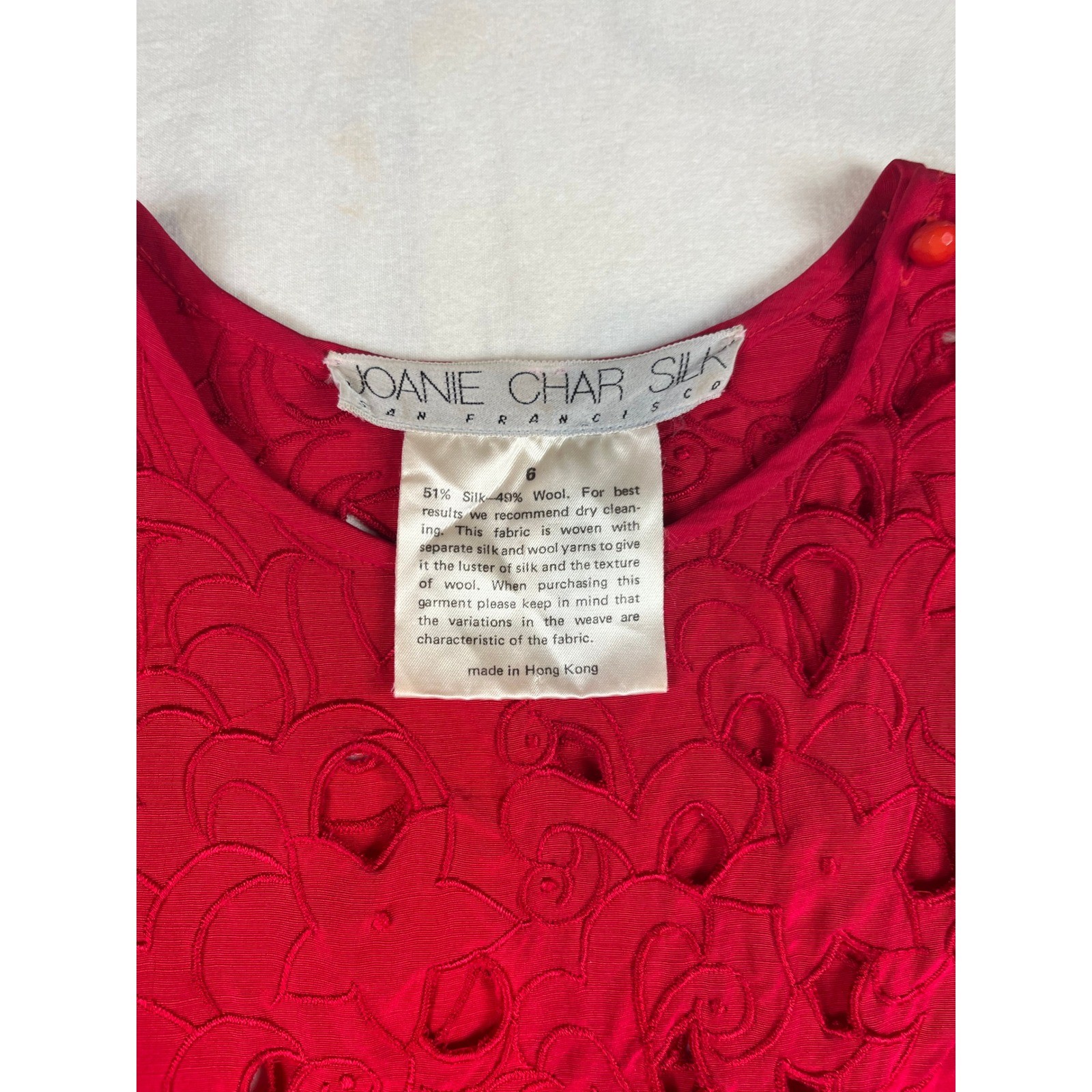 Joanie Char Silk Wool Red Vintage Midi Dress Embroidery Puff Sleeve Womens 6