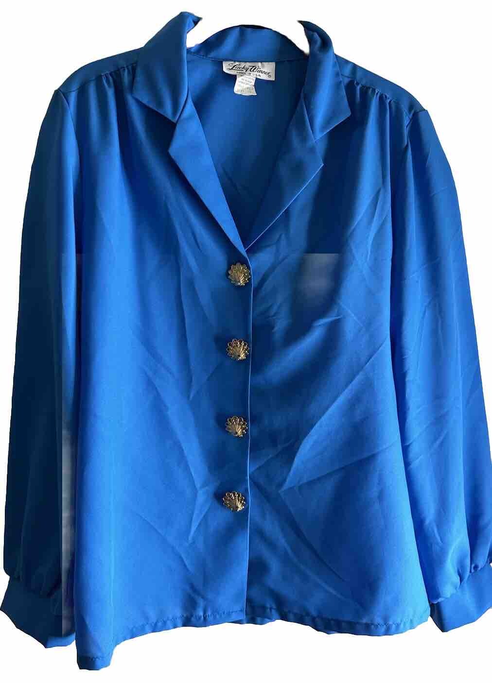 VTG Lucky Winner Women’s Blue Long Sleeve Gold Shell Button Up BLOUSE 12 USA