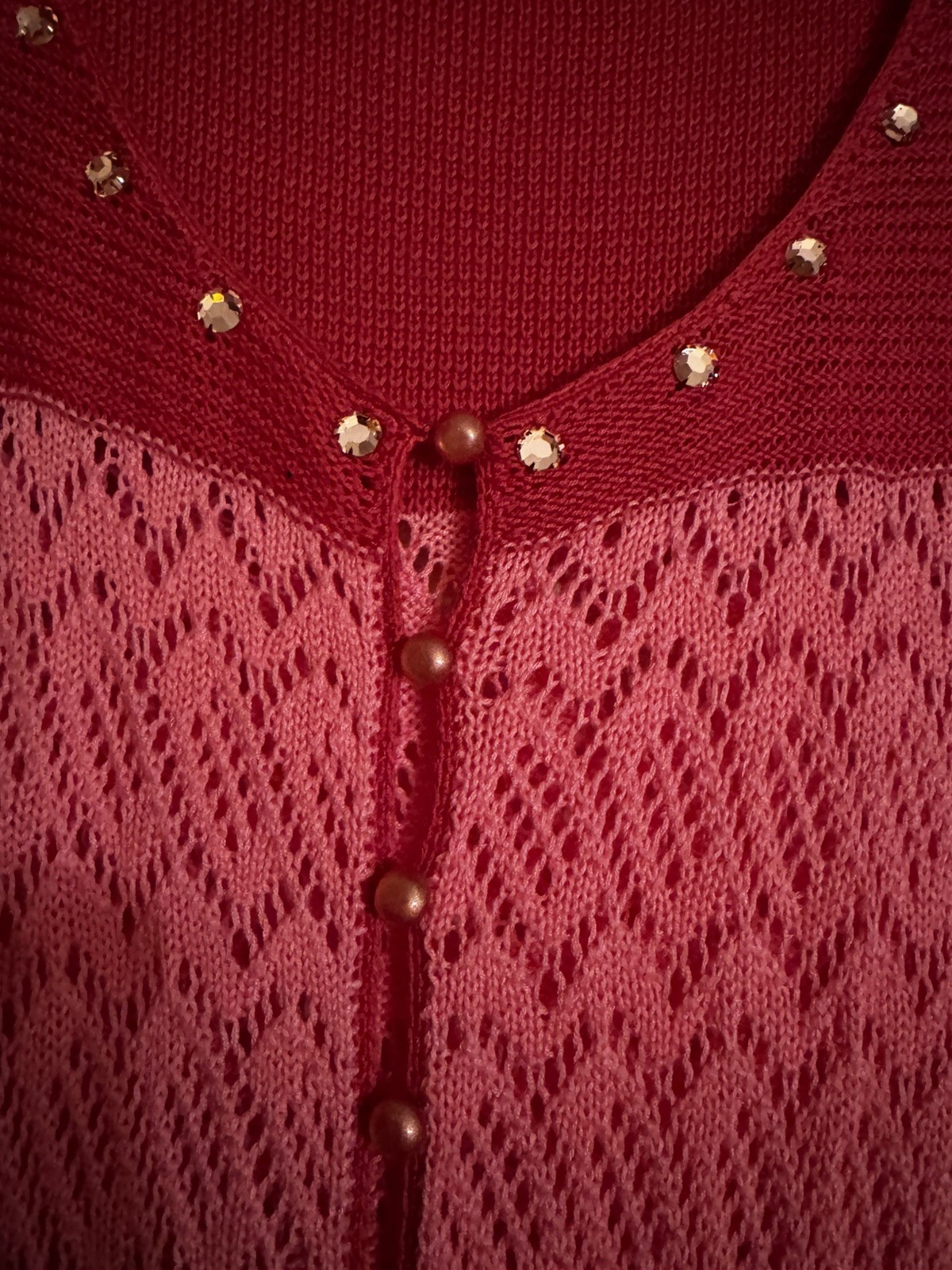 Vintage BETSEY JOHNSON NY Y2K Pink & Red Striped Lacy Cardigan With Rhinestones