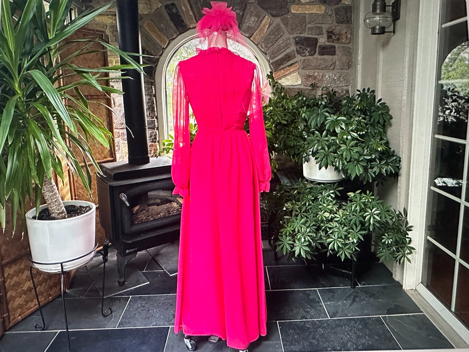 Vintage 1970s Deep Pink Chiffon Bridesmaid Dress Veil Hat House Bianchi Boston