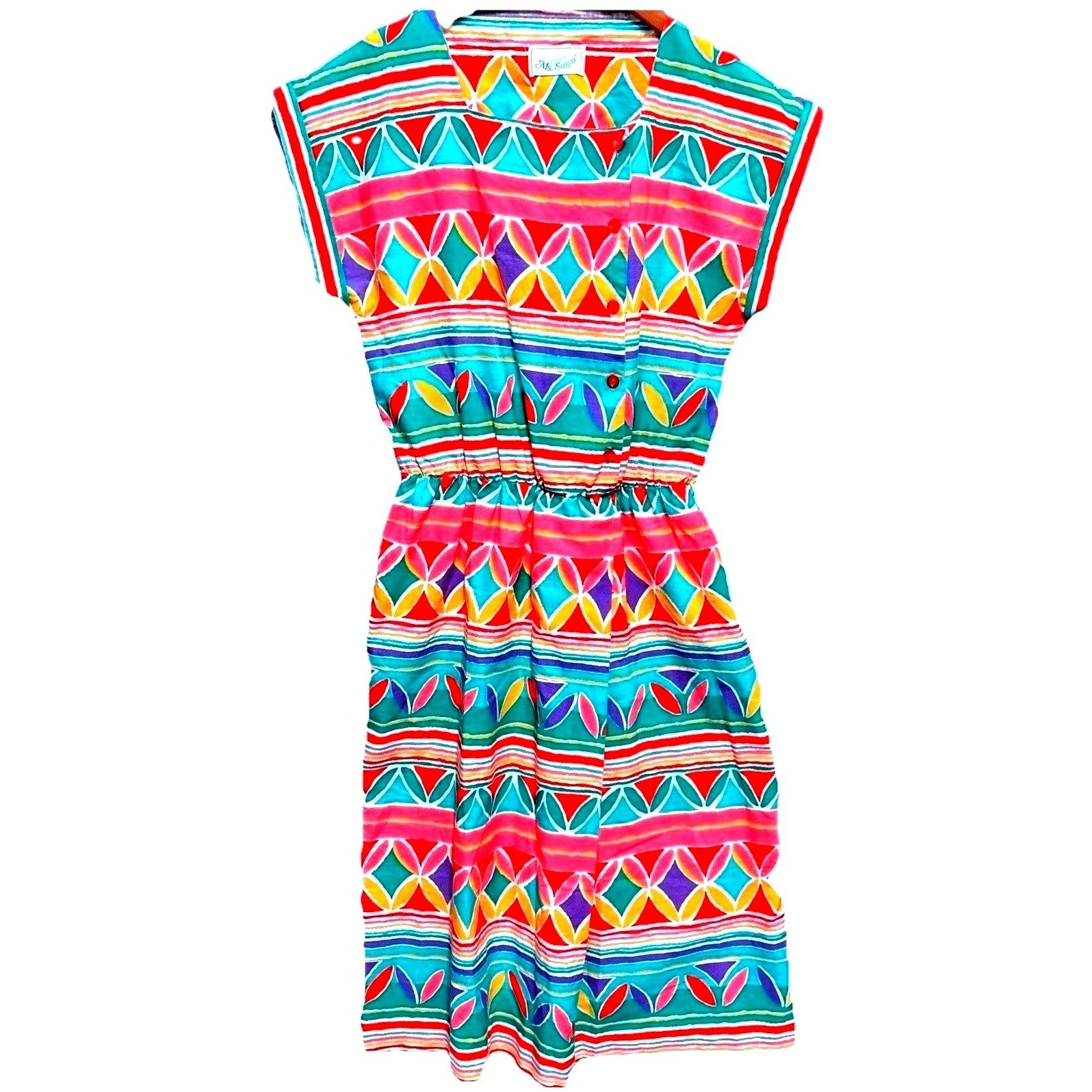 Vintage Ms Sugar Midi Dress Size M Geometric Neon Striped Elastic Waist 80s