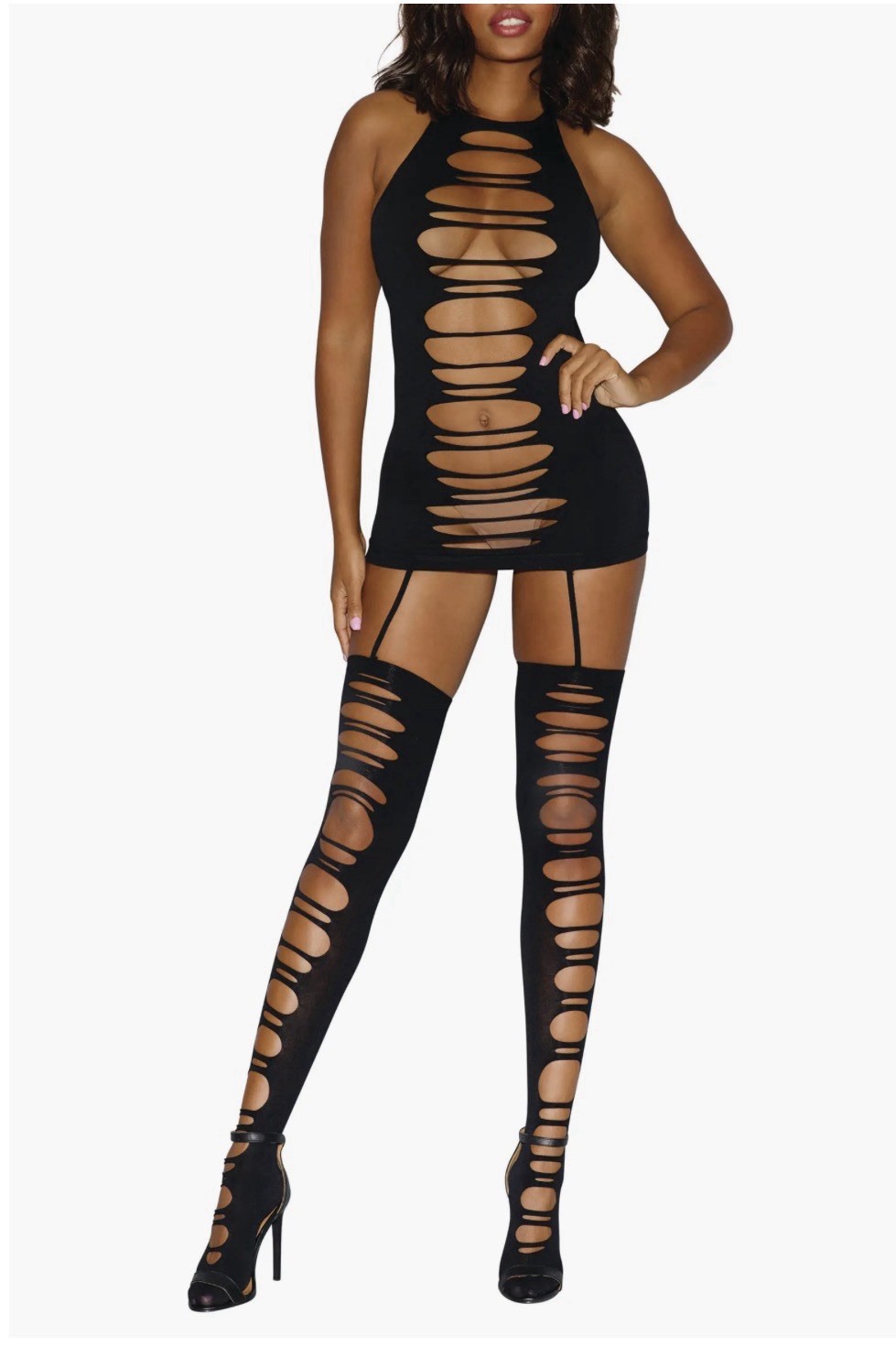Strappy Seamless Garter Body-Con Dress with Thigh High Stockings New
