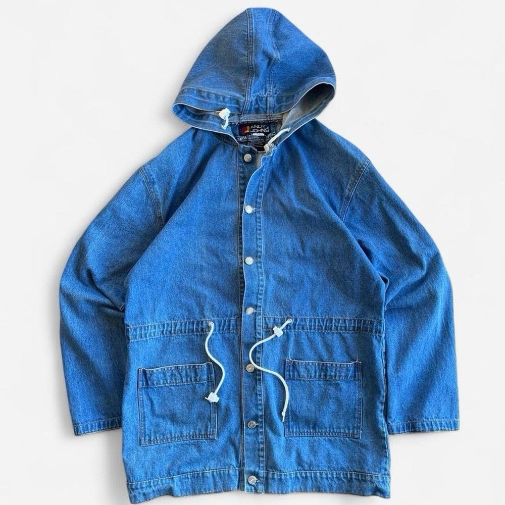 Vintage Andy Johns Denim Hooded Chore Coat Jacket M 80s 90s Casual Outdoors