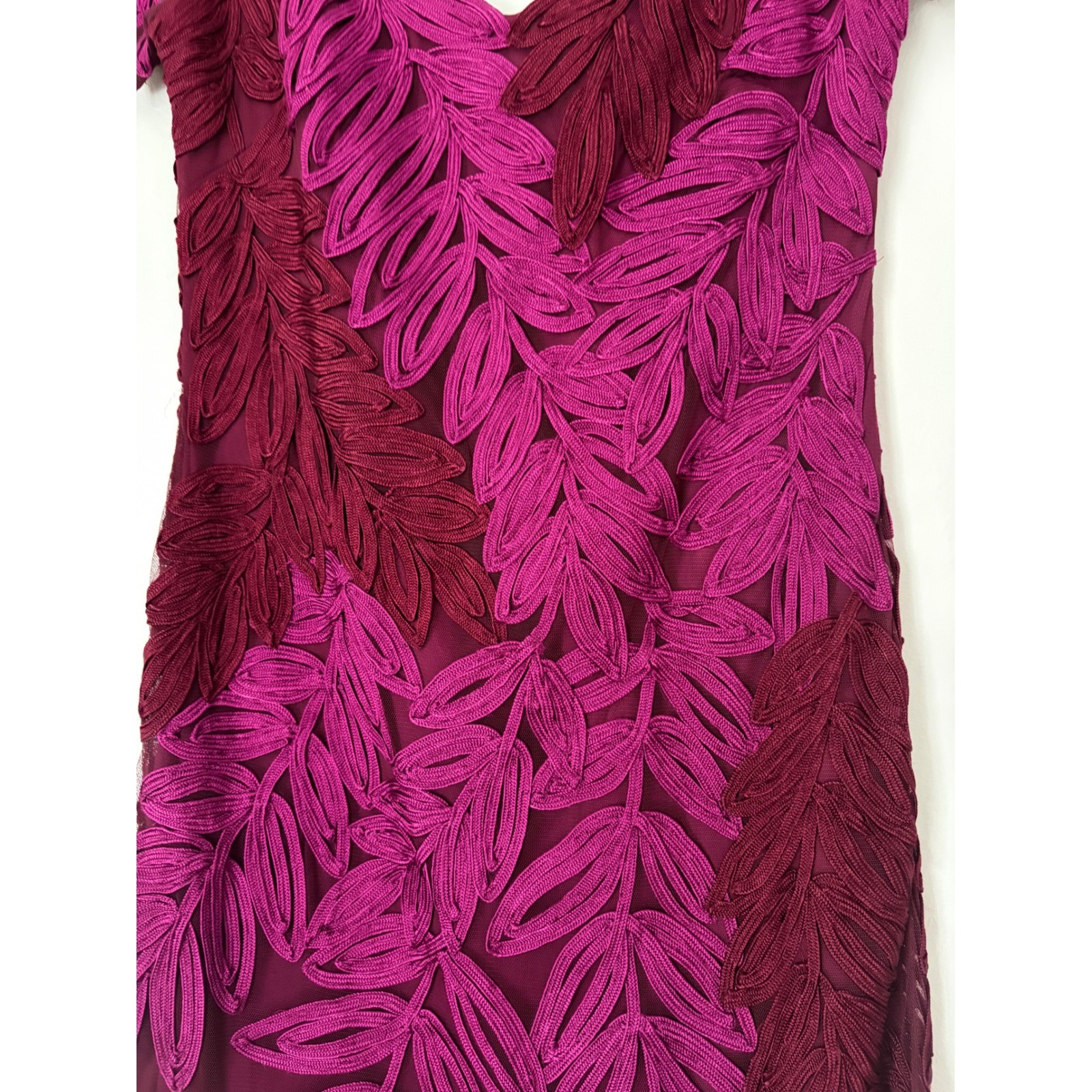 JS Collection Hot Pink Plum Soutache V-neck Midi Dress Leaf Embroidery size 4