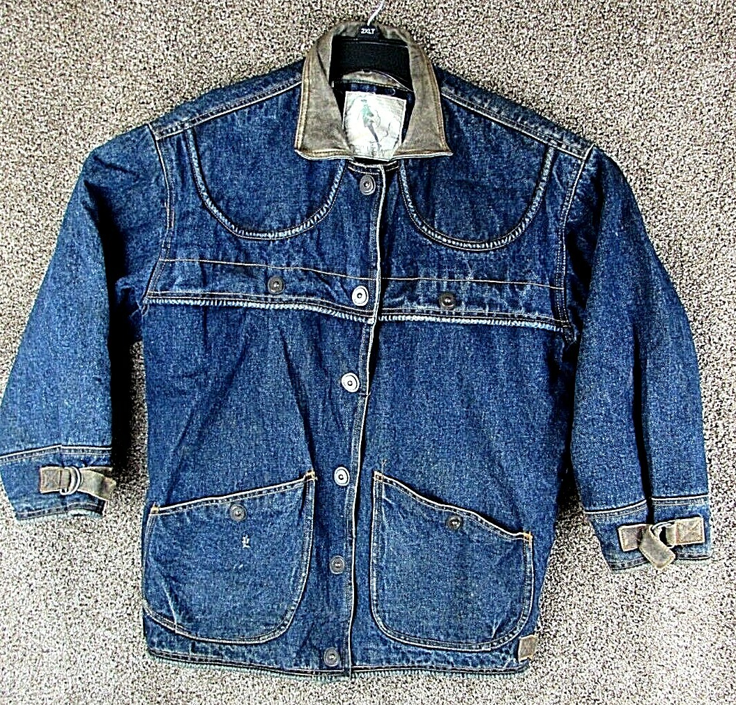 Vintage Dark Wash Denim Jean Lined Coat Inner View size Small With Snaps leather
