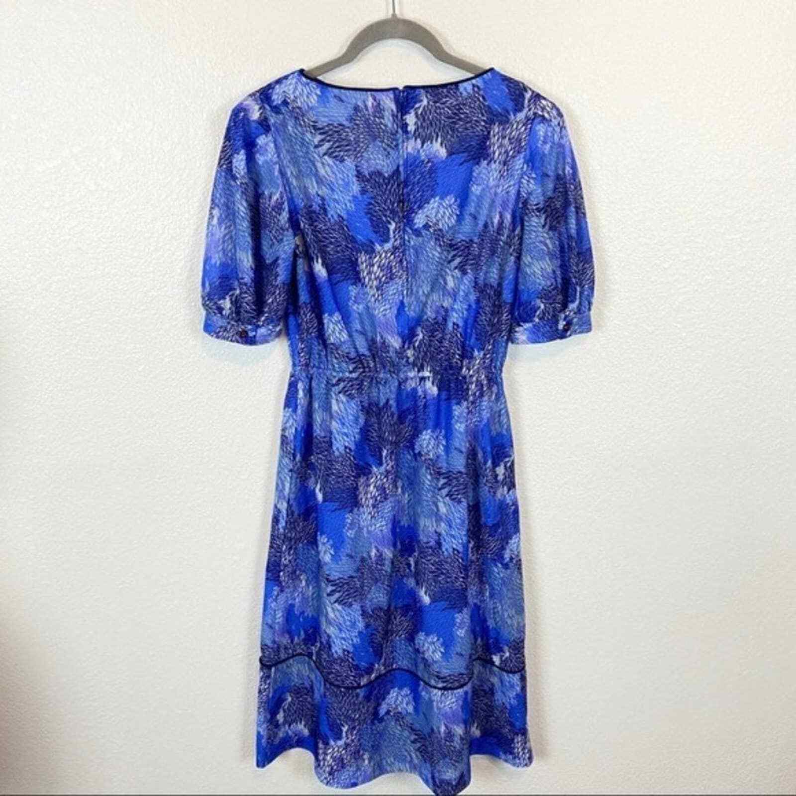 Blouson Dress Sheer Franky B Women’s Sz S Blue Round Neck Feathers Puff Sleeve