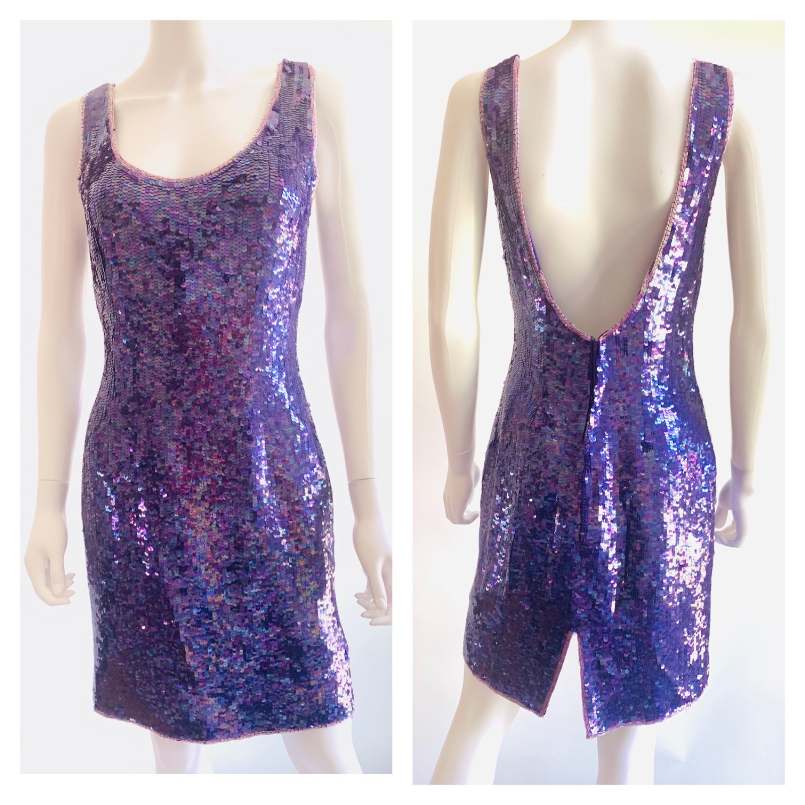 Vintage New 1980s SILK Purple Iridescent sequin Dress Party Cocktail formal sz M