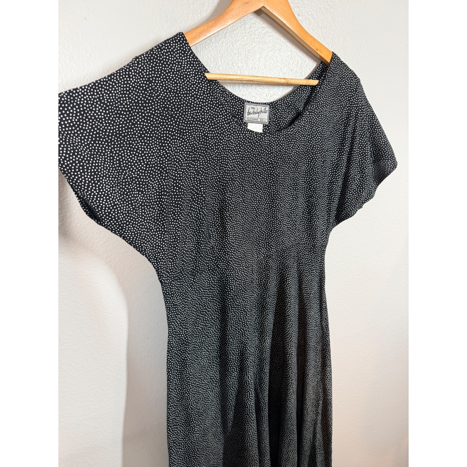 Retro 90’s A-Line Dress Womens S Black Polka Dot Midi Rayon Vintage