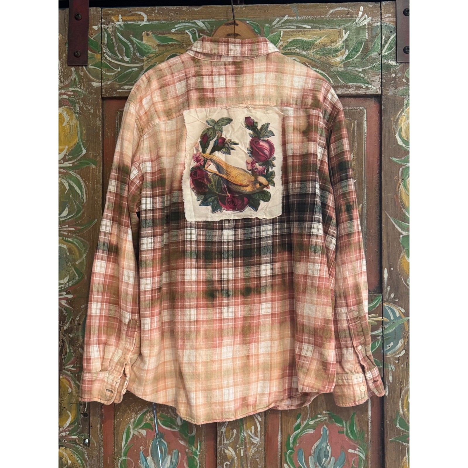 Upcycled Bird Rose Flannel Shirt XXL Cotton Folk Art Grunge