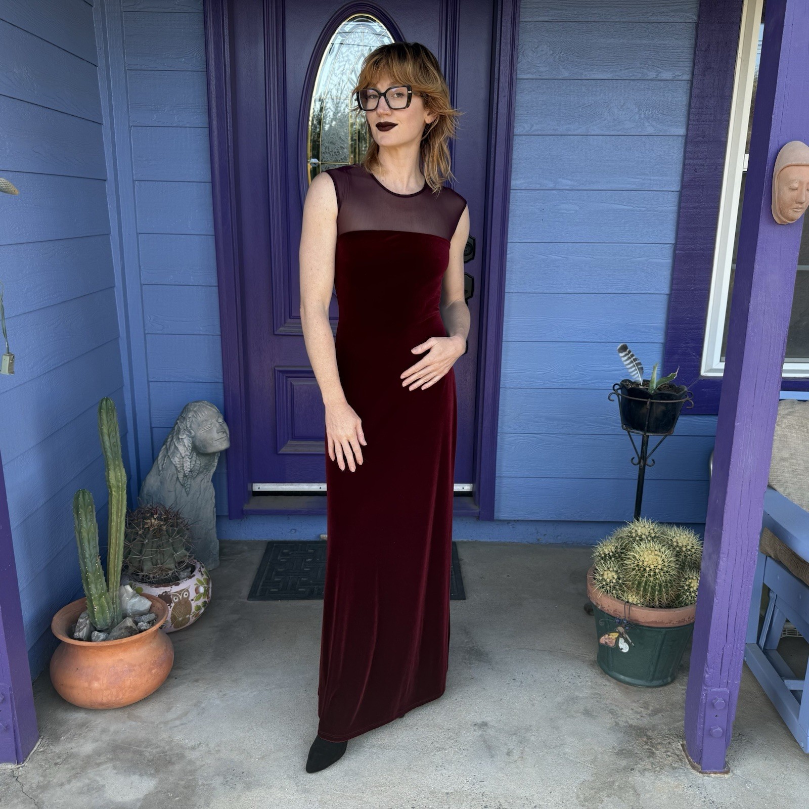 Vintage Y2K Maroon Velvet Mesh Maxi Dress By KiKi Size Small Formal Prom Evening
