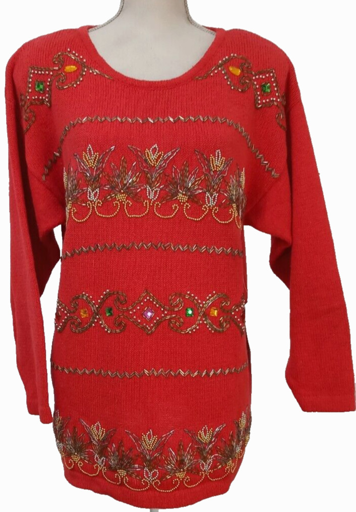 NWT Vtg VICTORIA HARBOUR Sweater Women’s L Large Long Sleeve Beaded Red FESTIVE