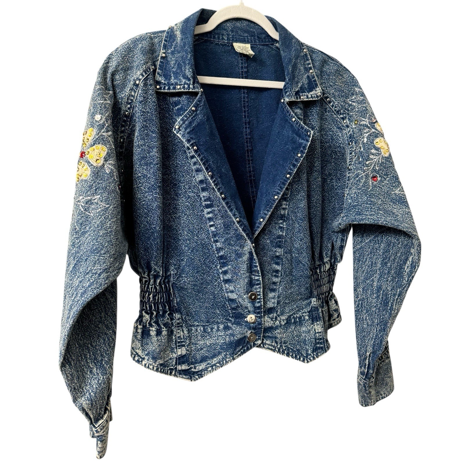 80s Denim Jacket Short Acid Wash Floral Embroidery Embellished Crop Sz M Vtg EUC