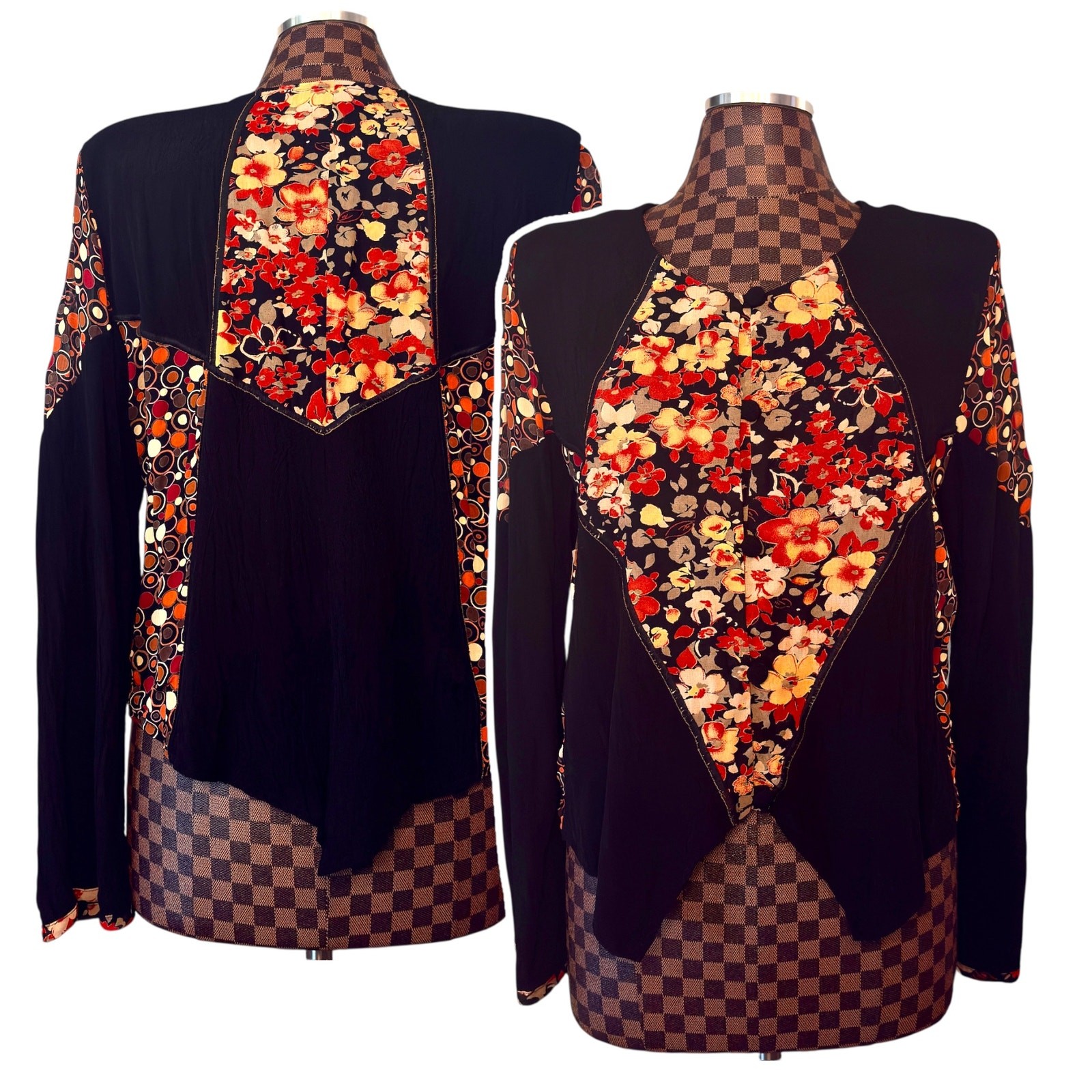 Vtg Asymmetrical Blouse Size Large Patchwork Floral Polka Dot Boho Avant Garde