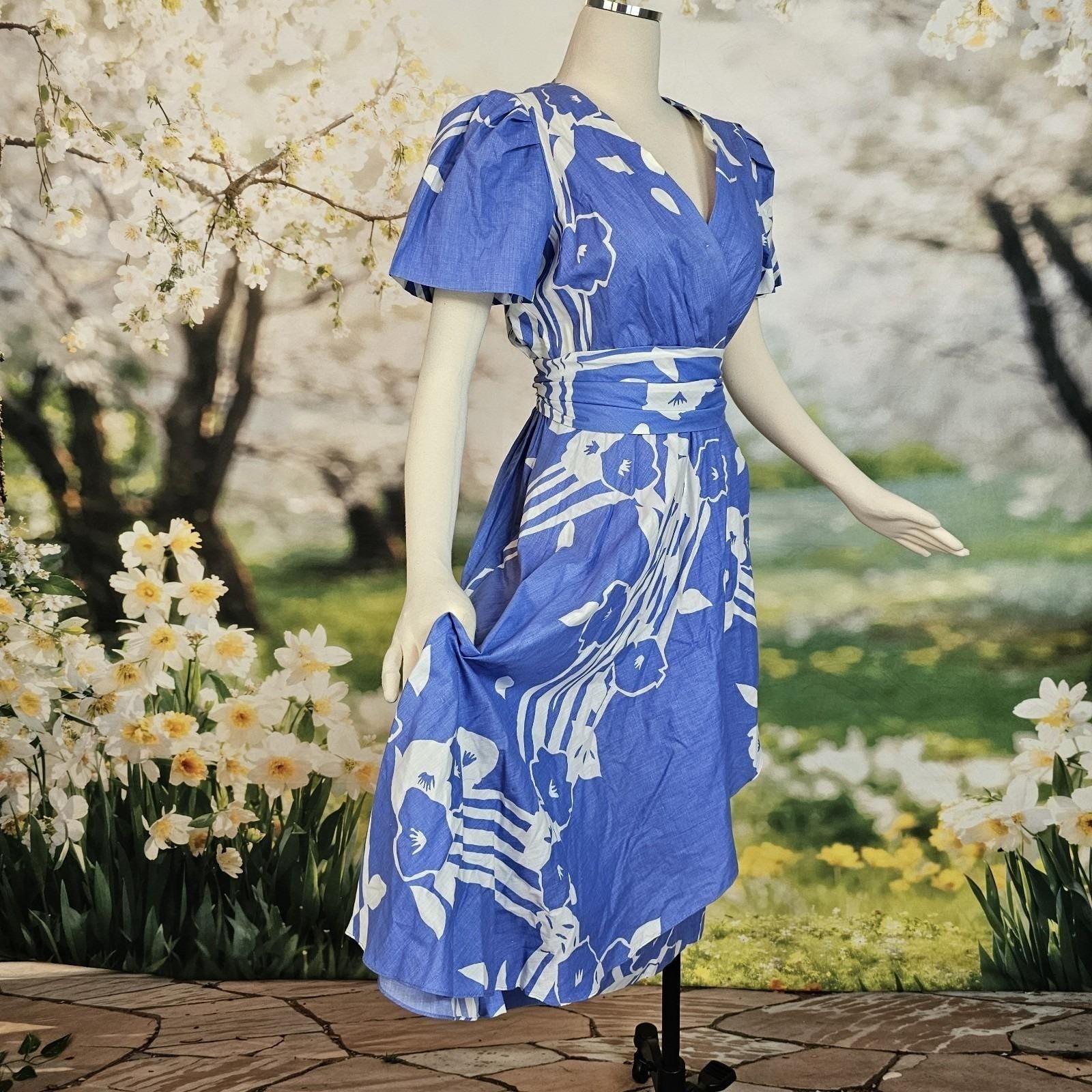 Vintage Faux Wrap Style Dress Sky Blue White Floral Print Fluttery Sleeves Gown