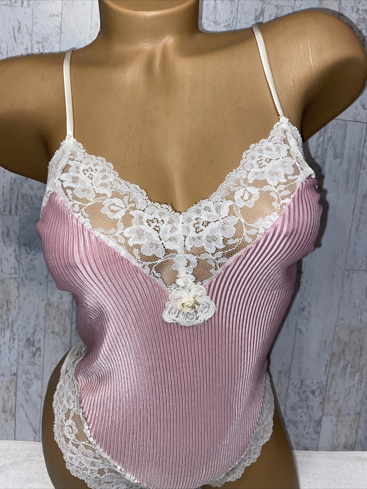 VTG Teddy DELICATES Nylon Lace Body Play Suit One Piece Corset Top Romper #L77