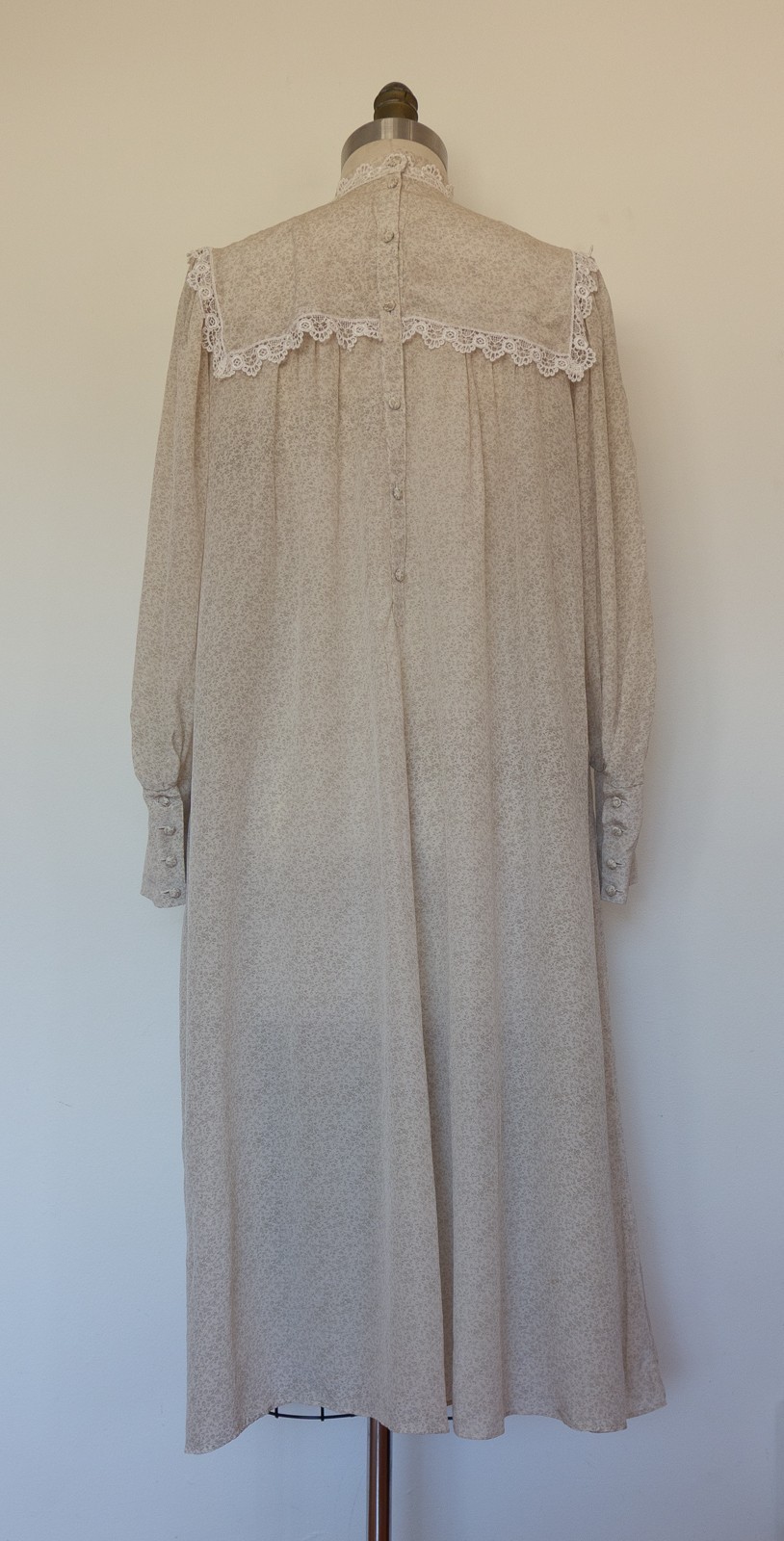 Vtg Jessica Mclintock Ditsy Silk Chiffon Midi Dress Lace Trim W’s M Grey