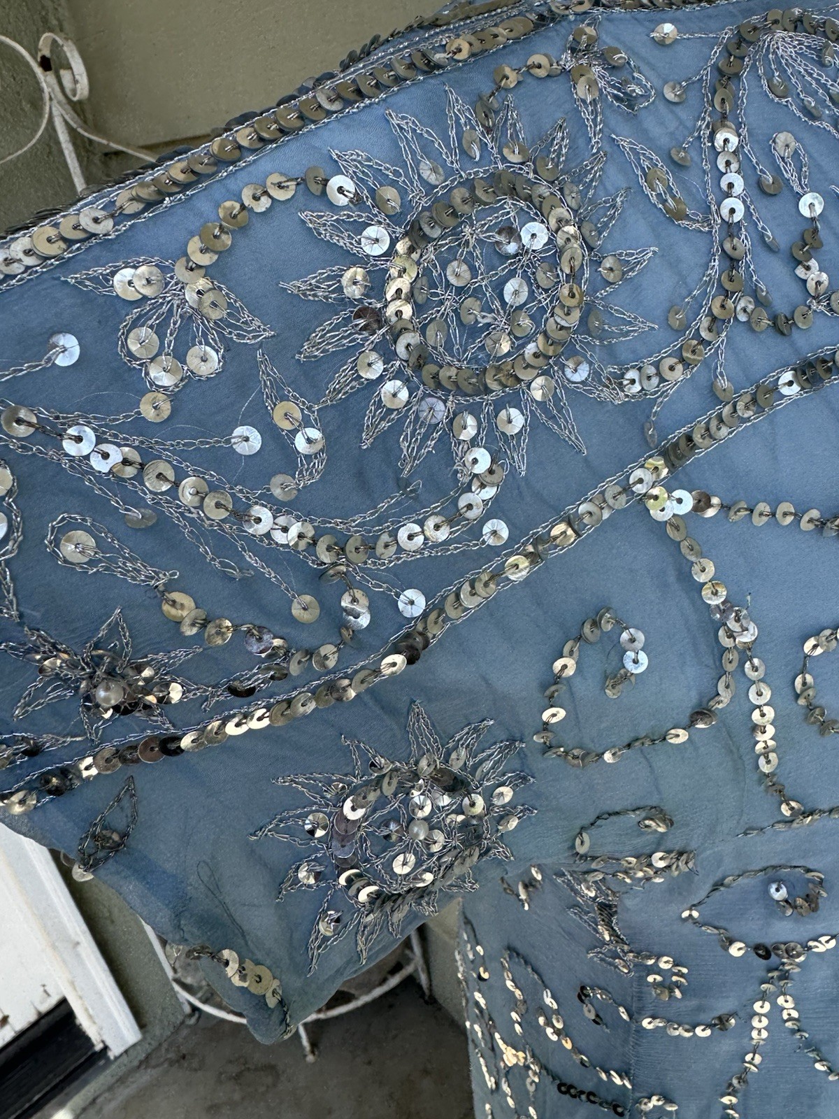 Vtg 60’s Profils Du Monde Beverly Hills Baby Blue Gown Silver Sequins Silk S