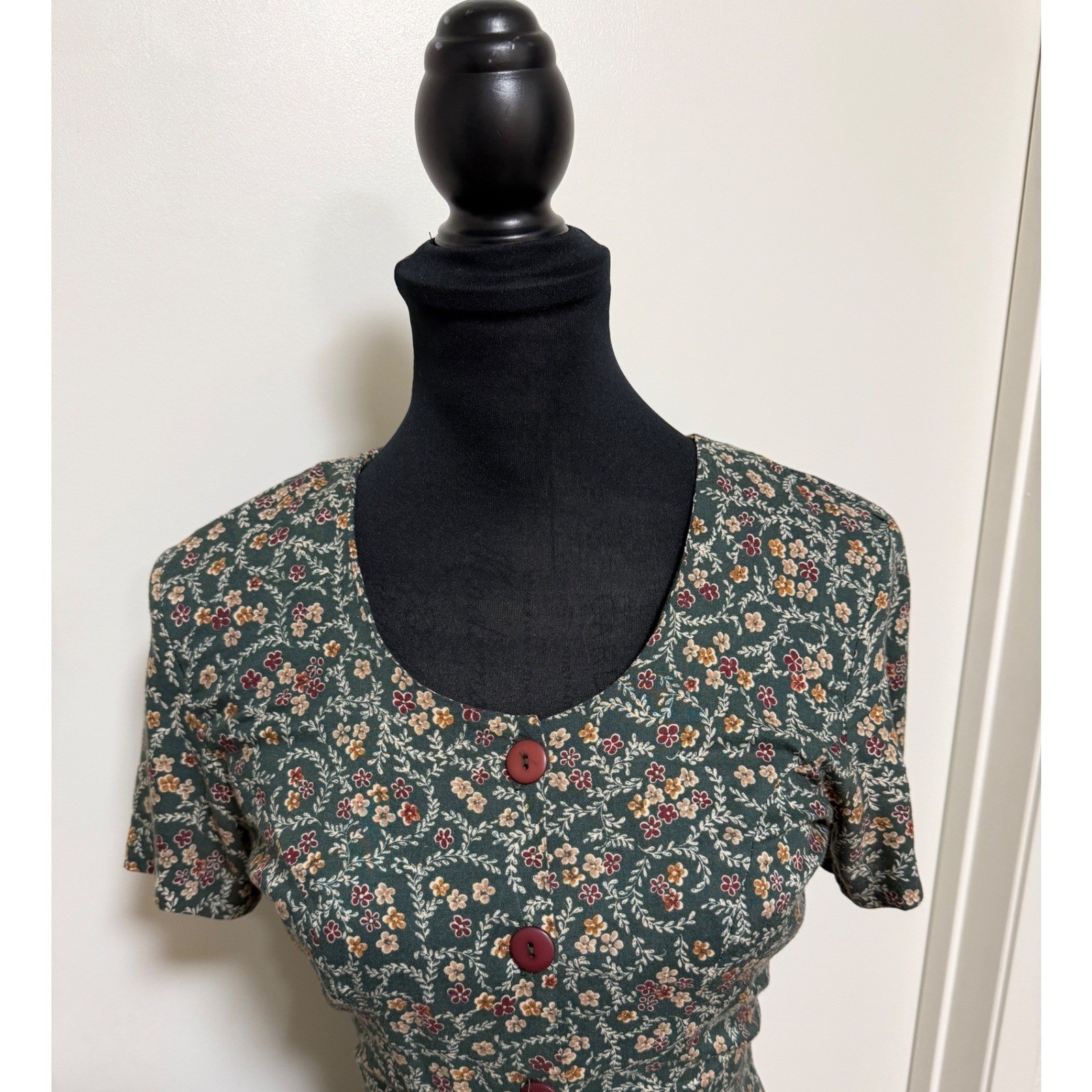 Vintage Rampage Floral Maxi Dress Green Rayon Button Front Tie Back Cottage 90s