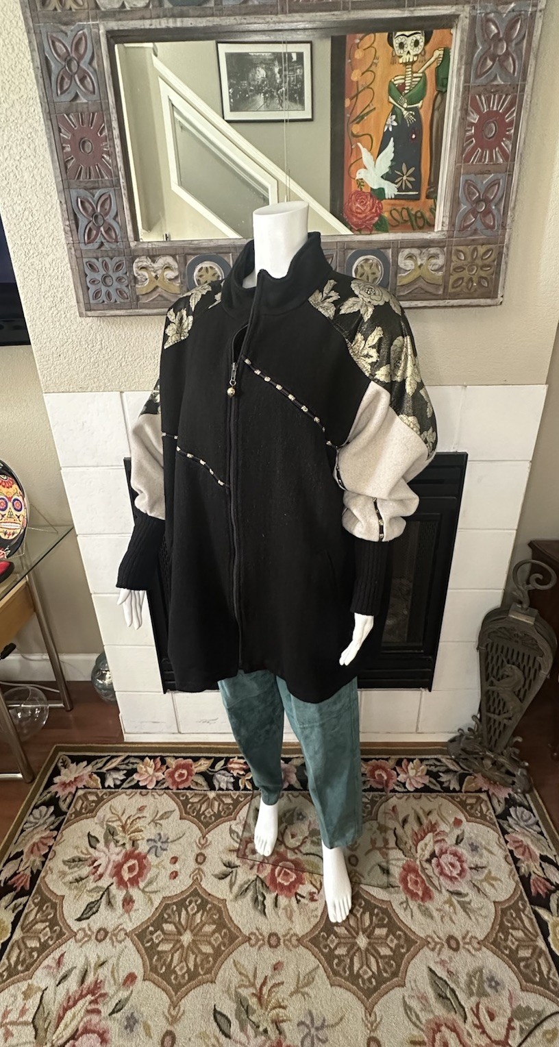 Vtg Wool Coat XL Lady Suzette Black Gold 80s Glam Zip Up Jacket Bat Wing Sleeves
