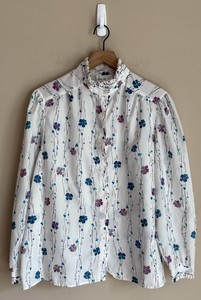 Vintage Blouse Top Floral 70s 80s Ruffle Polyester Womens Size 18 Lady Devon