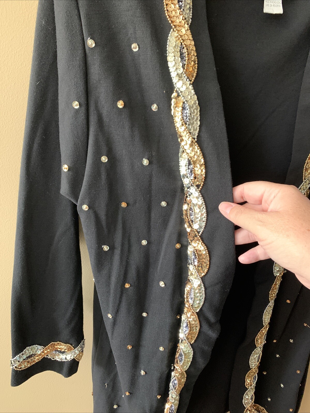 Eminent Black Evening Cardigan Open Front Sequins Silver Gold MEDIUM VINTAGE B8