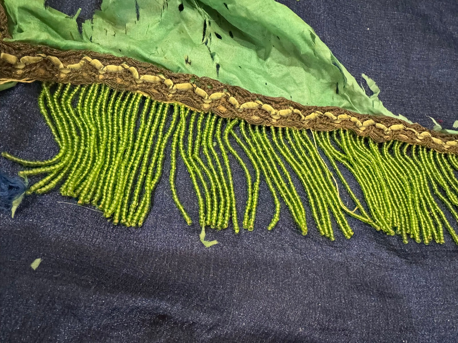 Antique Victorian Green Beaded Fringe Trim with Silk Fabric – 15×15″ Remnant