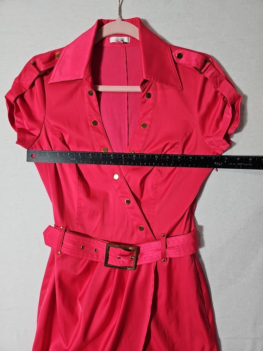 Vtg 90s/Y2K CACHE Dress 8 Pink Belted V Neck Short Sleeve Faux Wrap Gold Button
