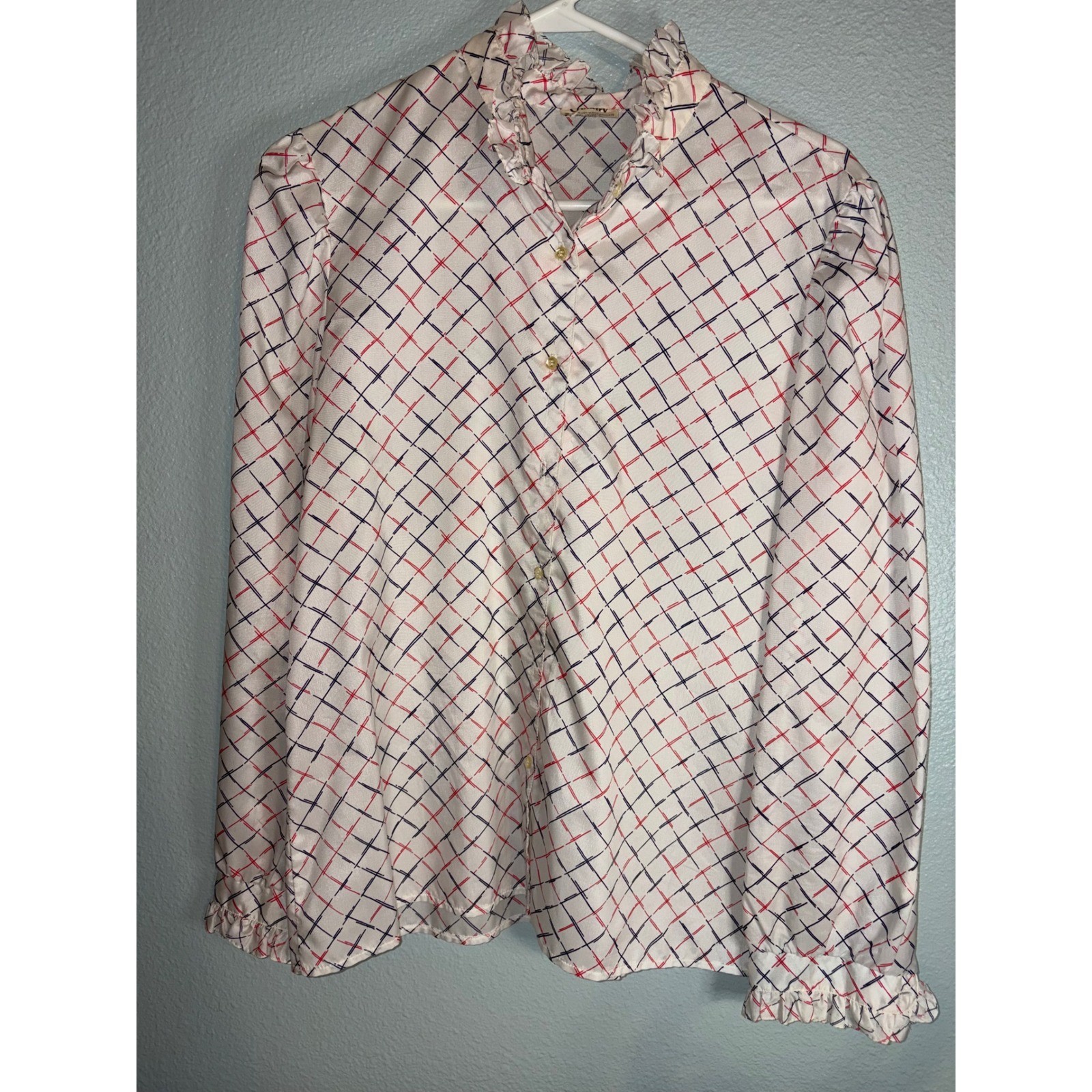 Vintage Country Suburbans Ruffle Collar Blouse Red Navy Grid Print Size 18 1970s