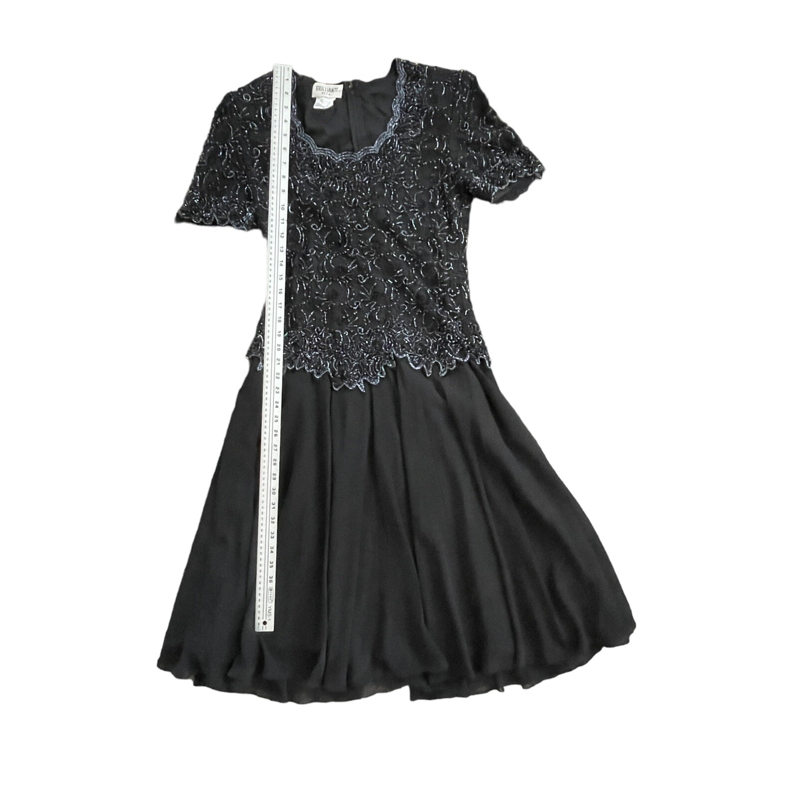 Vtg 80s Mother Of The Bride Dress M Black Beaded Top Sheer Chiffon Flowy Skirt